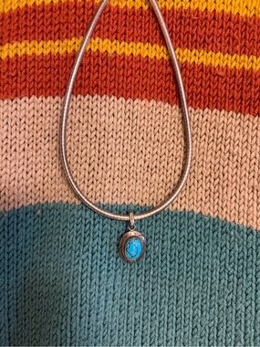 Silver Necklace with Turquoise Oval Pendant - Blue Native American